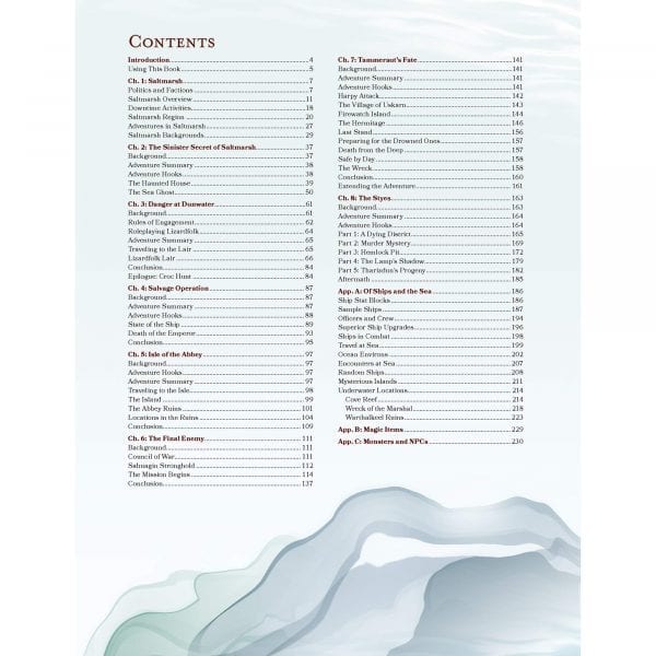 Dungeons & Dragons D&D Ghosts of Saltmarsh Contents Page Tabletop Role Playing Game TTRPG