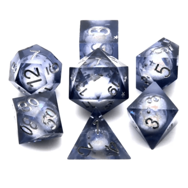 Flowing Galaxy Liquid Core Sharp Edge Resin Polyhedral Dice Grey TTRPG Accessory