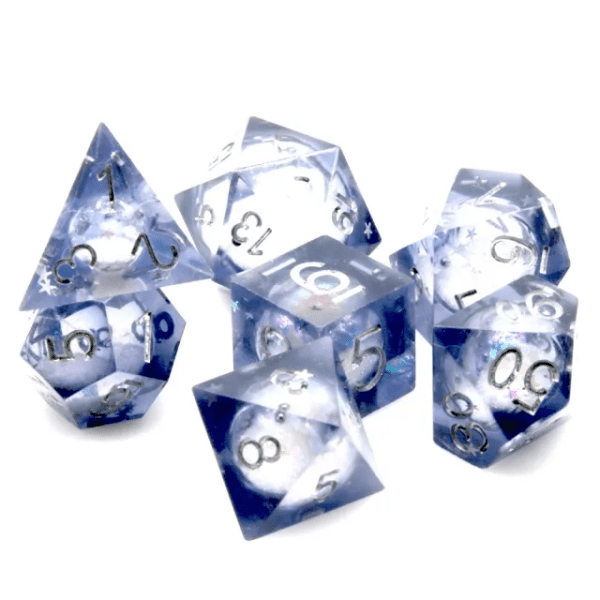Flowing Galaxy Liquid Core Sharp Edge Resin Polyhedral Dice Grey TTRPG Accessory