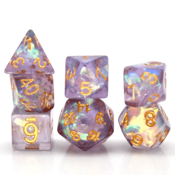 Under The Sky Sharp Edge Resin Polyhedral Dice Purple & Mylar Glitter TTRPG Accessory