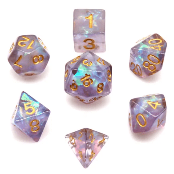 Under The Sky Sharp Edge Resin Polyhedral Dice Purple & Mylar Glitter TTRPG Accessory
