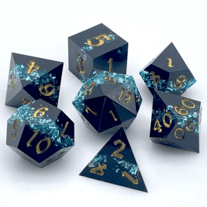 Frozen Core Polyhedral Giltter Sharp Edge Dice Black & Light Blue TTRPG Accessory