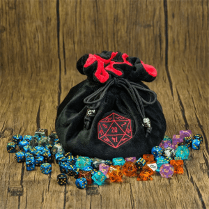 Multi-pocket Black & Red Dice Bag with Dice TTRPG Accessory