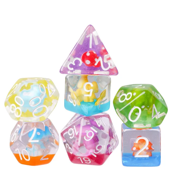 Rainbow Mushrooms Polyhedral Resin Dice Transparent TTRPG Accessory