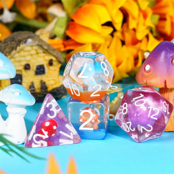 Rainbow Mushrooms Polyhedral Resin Dice Transparent TTRPG Accessory