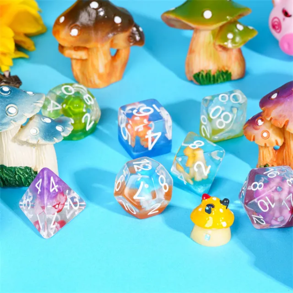 Rainbow Mushrooms Polyhedral Resin Dice Transparent TTRPG Accessory