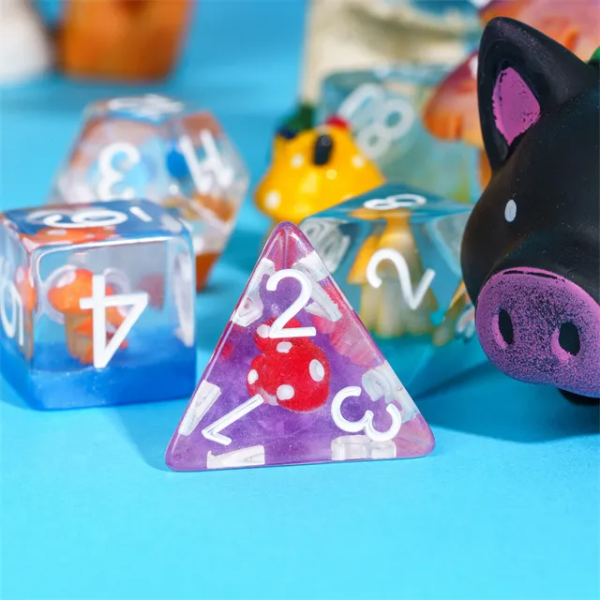 Rainbow Mushrooms Polyhedral Resin Dice Transparent TTRPG Accessory