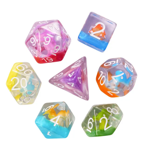 Rainbow Mushrooms Polyhedral Resin Dice Transparent TTRPG Accessory
