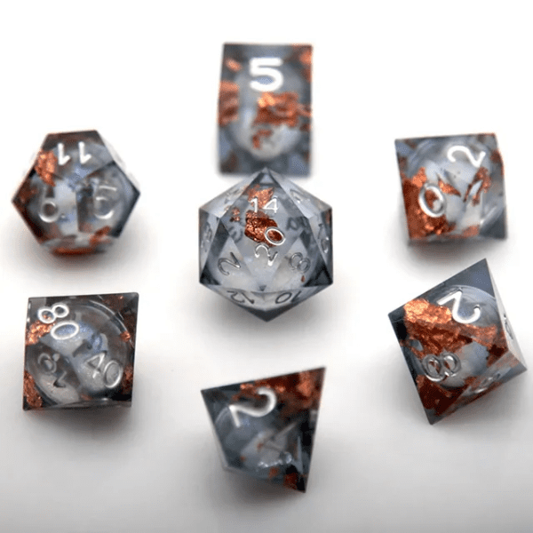 Mystic Ruins Polyhedral Liquid Core Sharp Edge Dice Silver & Bronze TTRPG Accessory