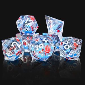 Winter's Bloom Polyhedral Liquid Core Sharp Edge Dice Blue and Clear TTRPG Accessory