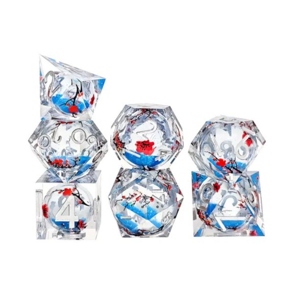 Winter's Bloom Polyhedral Liquid Core Sharp Edge Dice Blue and Clear TTRPG Accessory