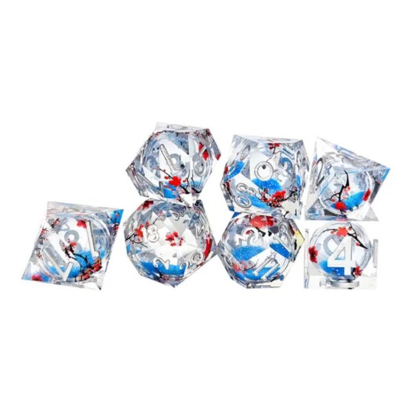 Winter's Bloom Polyhedral Liquid Core Sharp Edge Dice Blue and Clear TTRPG Accessory